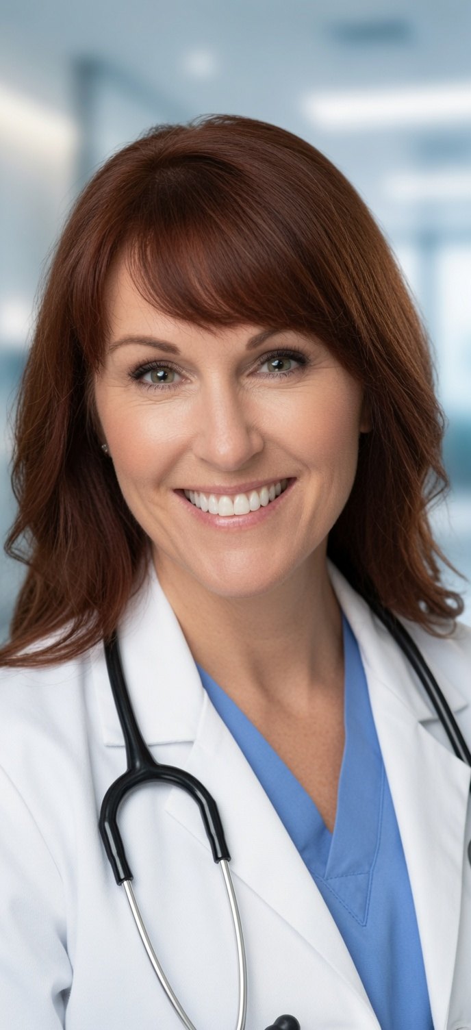 Kathleen Carey-Treanor, MSN, APRN, AGACNP-BC, founder of Treanor Wellness, in a white coat and stethoscope